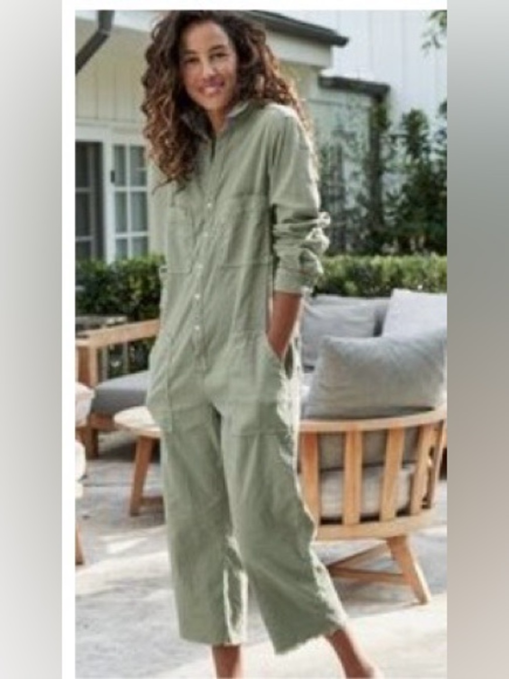 Frank & Eileen Olive Green Button-Front Utility Jumpsuit
